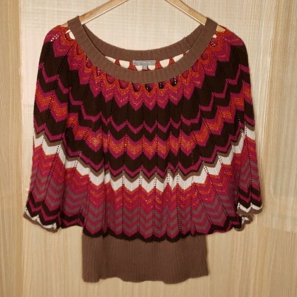 NY Collection Chevron Retro Look Poncho Sweater - Picture 1 of 8